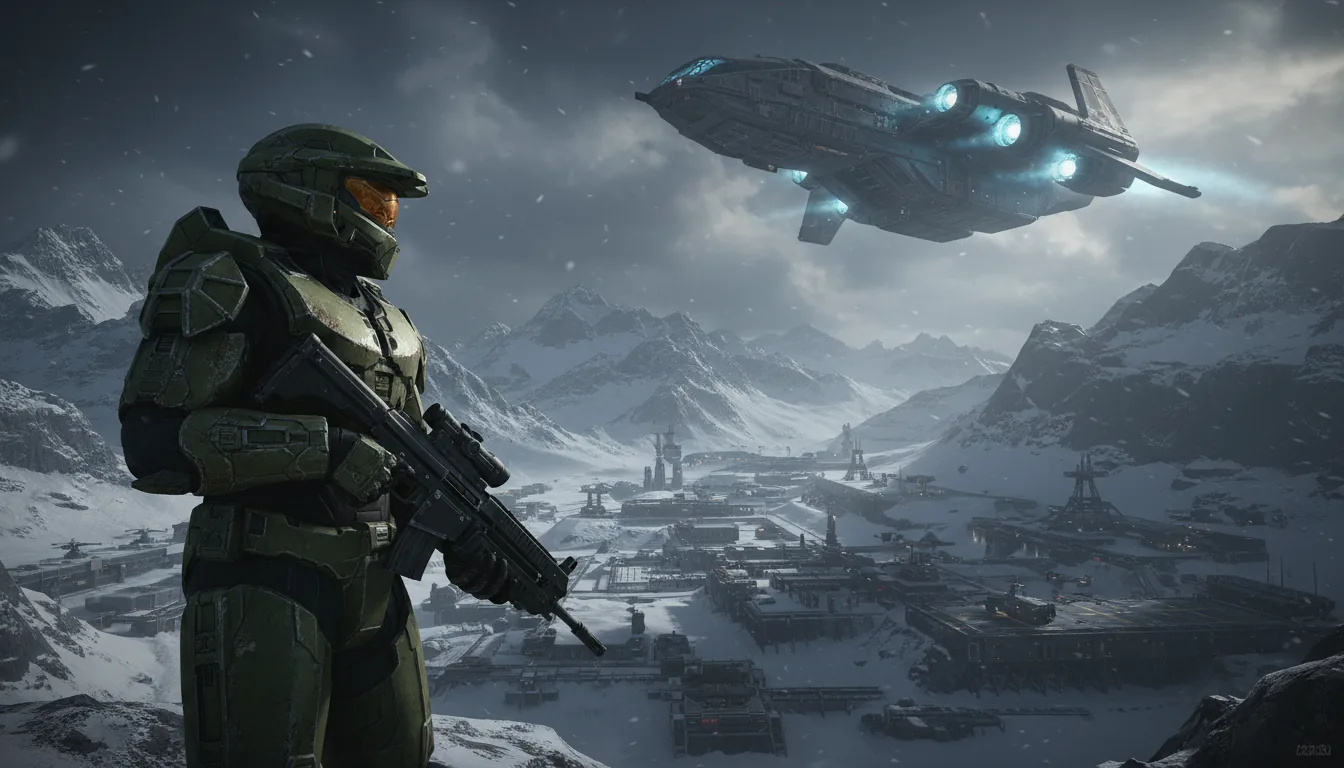 Cinematic still from Unreal Engine 5, a hyper-realistic Halo-style Spartan soldier in weathered dark green power armor stands in profile on the left, holding a futuristic assault rifle. He overlooks a sprawling, futuristic military base in a snowy, mountainous valley under a dramatic, overcast sky. A massive, complex sci-fi transport spaceship with glowing blue engine lights hovers menacingly in the upper right frame. The scene has dramatic, cinematic contrast lighting, high-detail textures, and a shallow depth of field, emphasizing the immense scale.