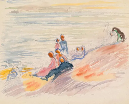 a drawing of a group of people sitting on a beach
