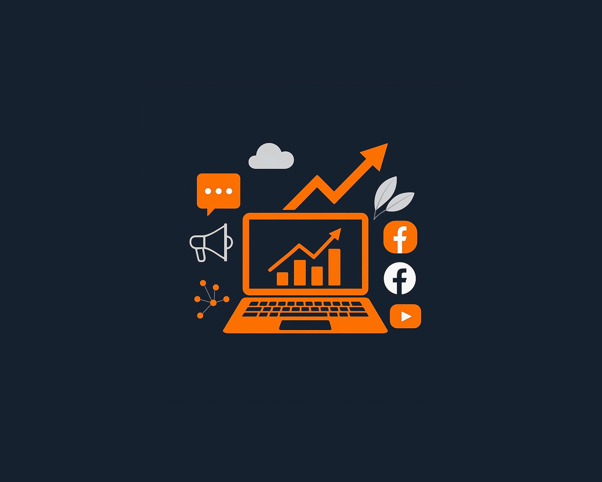 Illustration Online-Marketing – Laptop mit Wachstumsgrafik, Pfeil nach oben und Social-Media-Symbolen für KMU in der Schweiz und Liechtenstein