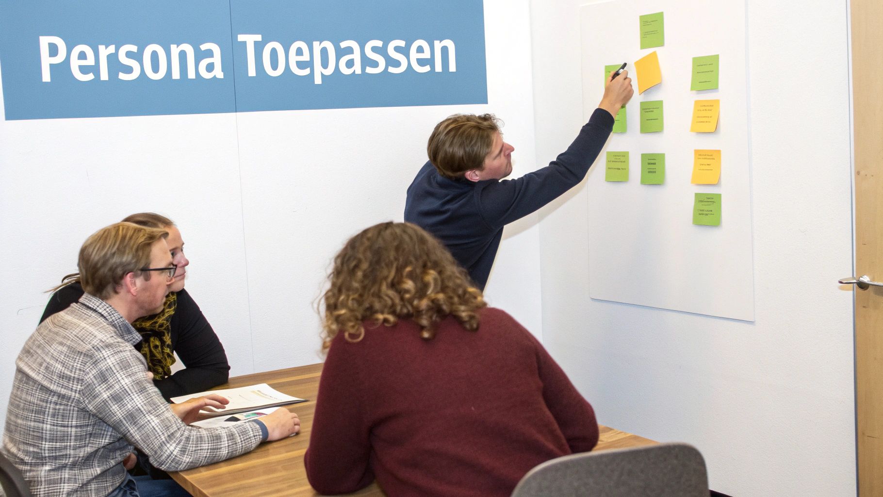 Teams die samenwerken rond een persona-profiel op een whiteboard