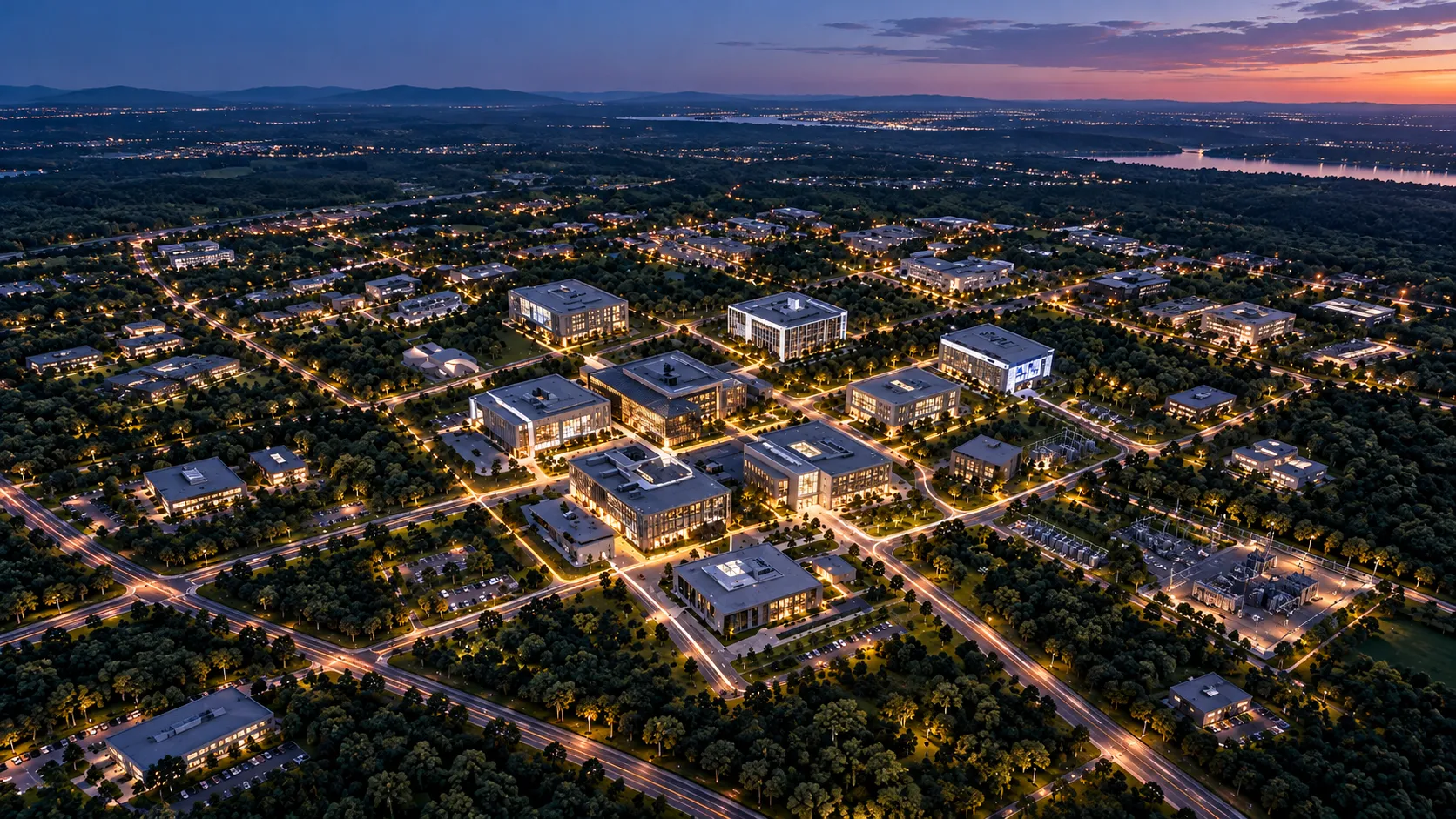 Aerial view of a connected Hover City district at dusk