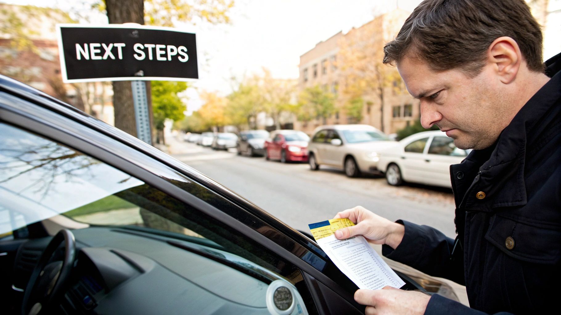 A person closely examining a parking ticket they are holding.