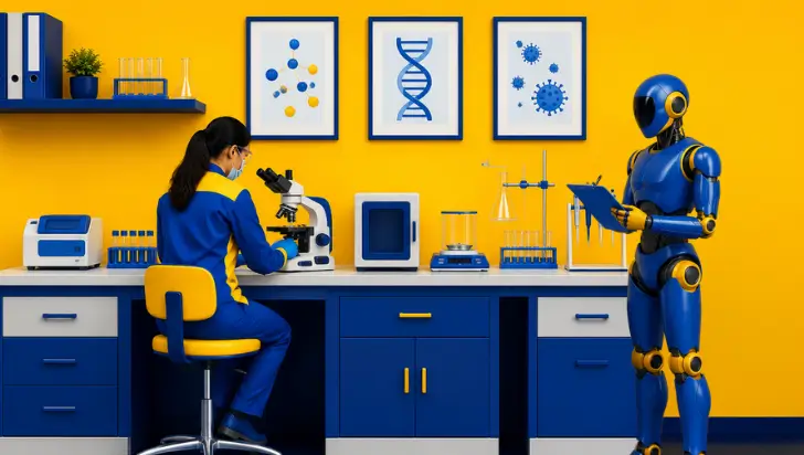 Robot assisting a scientist using a microscope in a modern medical laboratory.