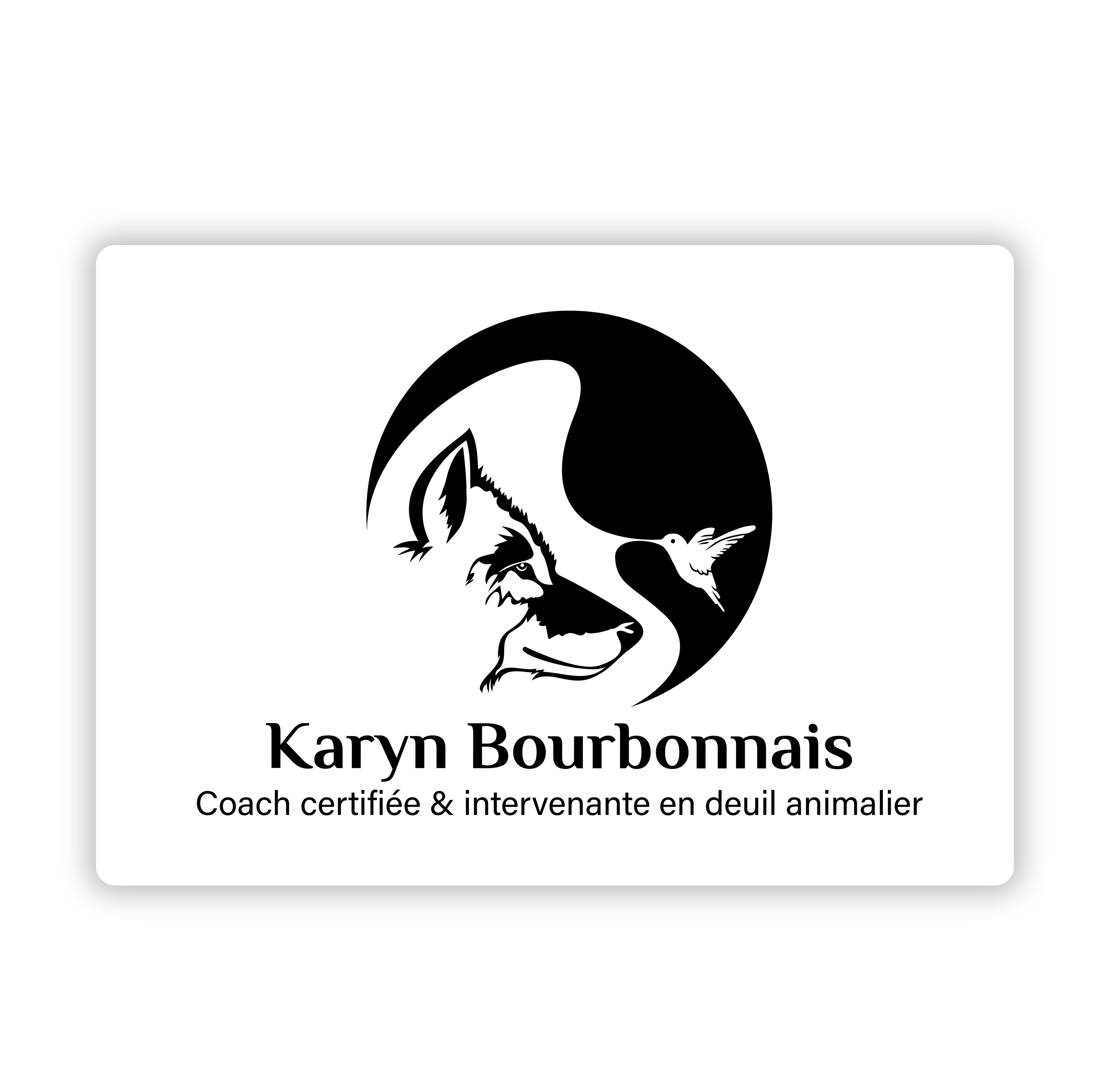 Logo de Karyn Bourbonnais, coach certifiée et intervenante en deuil animalier, présentant une icône circulaire noire et blanche qui intègre le profil d'un chien et d'un colibri dans une composition fluide, surmontant le nom et la spécialité en typographie sobr