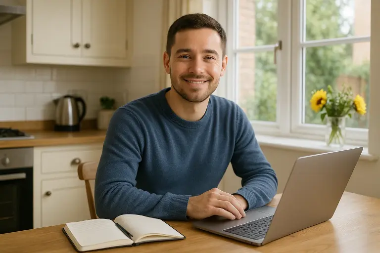 person working at kitchen table with laptop and bills