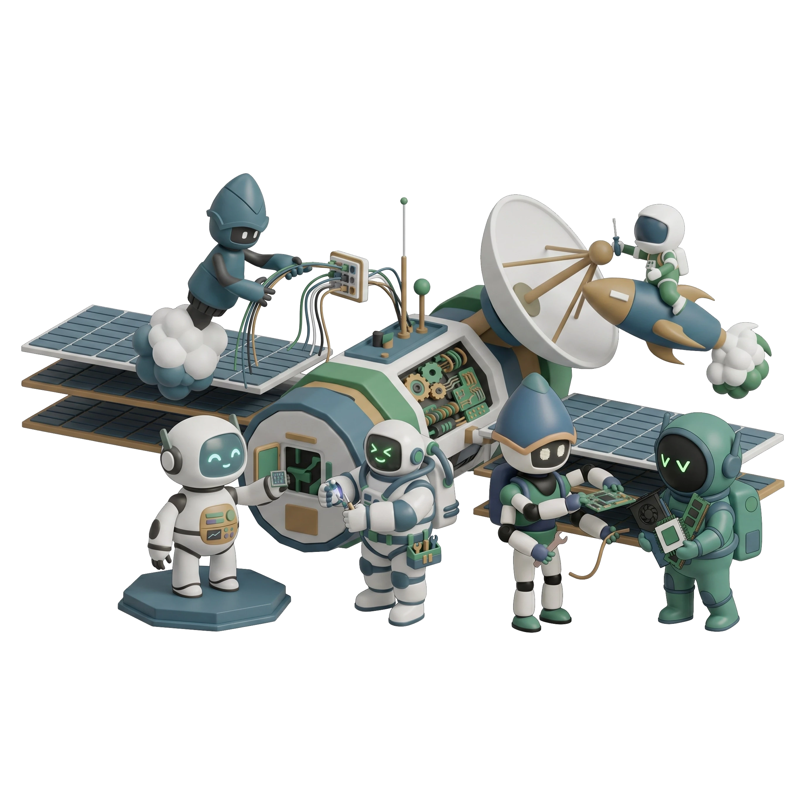Robots installing tech on a satalite