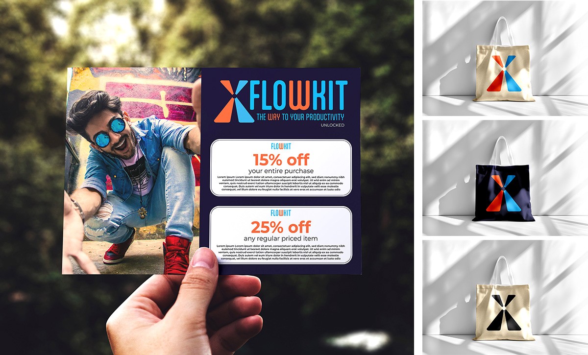 One image of flowkit discount coupon and three pictures of flowkit branded tote bags