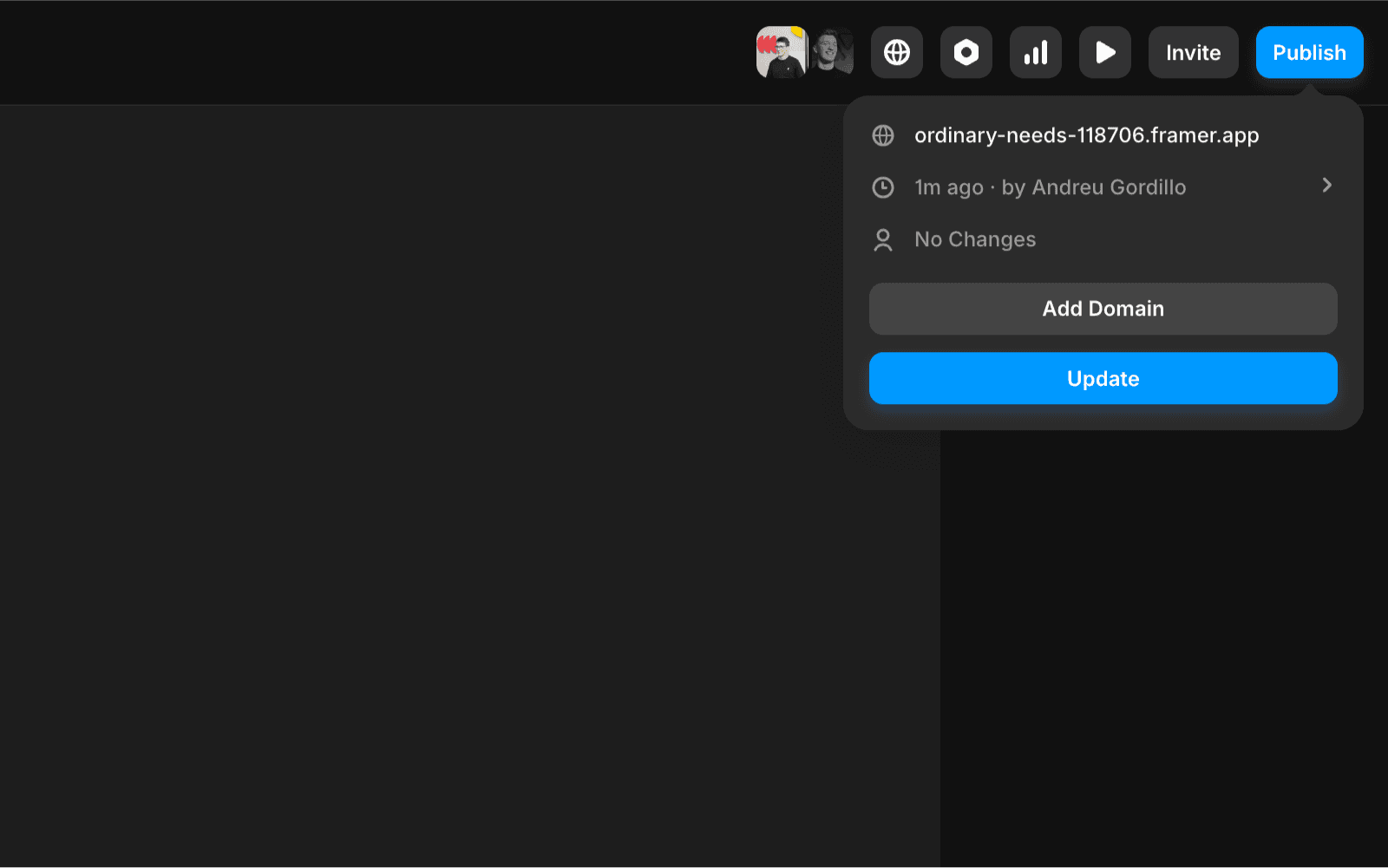 Publish settings in Framer with options to add a domain or update site information.