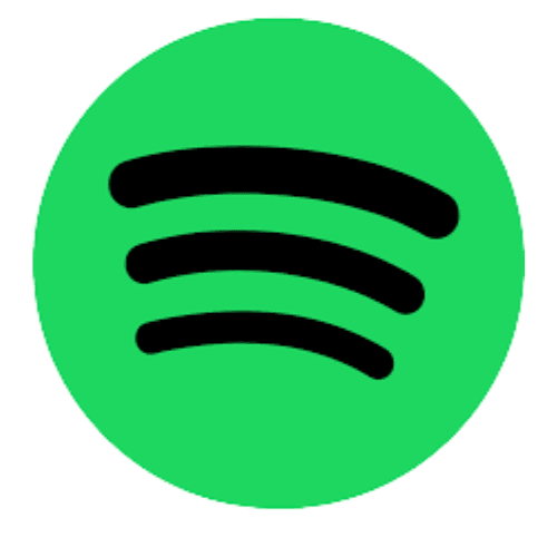 Spotify logo featuring three curved lines on a green circular background.