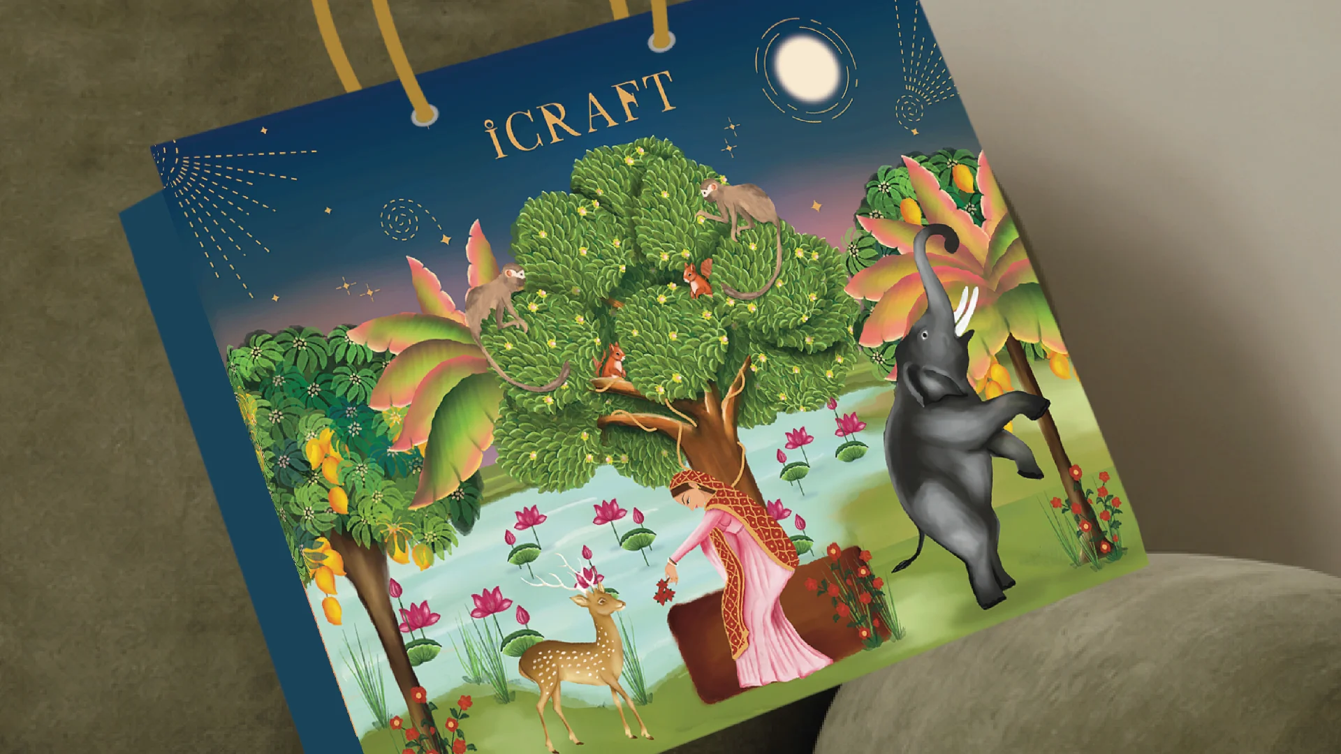 A vibrant shopping bag features an artistic illustration of a lush, colorful jungle scene with a woman sitting beneath a tree, surrounded by various animals, including a deer and elephant, under a moonlit sky.