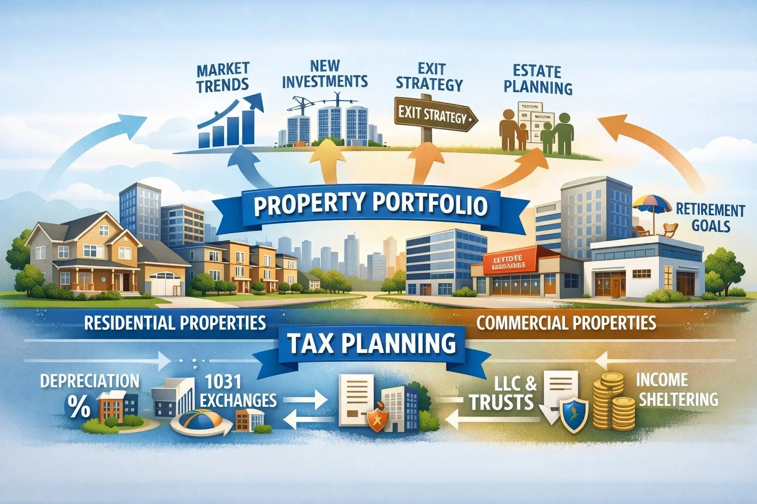 Visual of a multi-property owner’s portfolio showing residential and commercial buildings with tax planning overlays and arrows indicating future considerations.