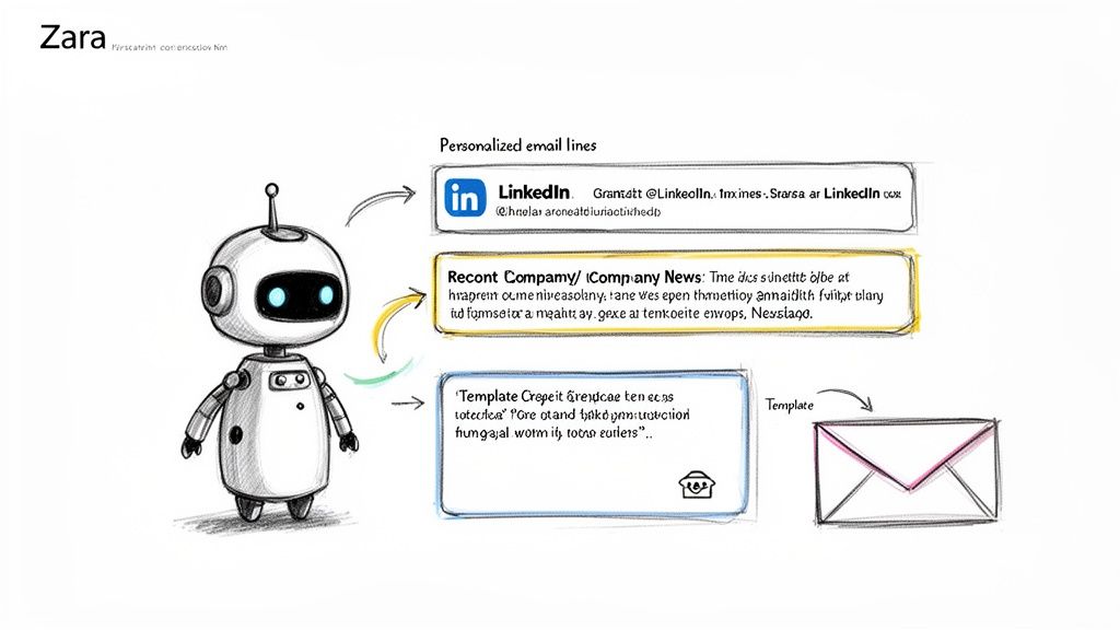 A robot creates personalized email lines from LinkedIn and company news, leading to an email template.