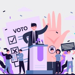 Portada de Análisis de resultados electorales municipales y regionales 2024: Región del Biobío, estudio de IdeaPaís, mostrando una ilustración de una persona hablando en un podio con micrófonos y alrededor, una papeleta de votos y personas con distintas pancartas. 