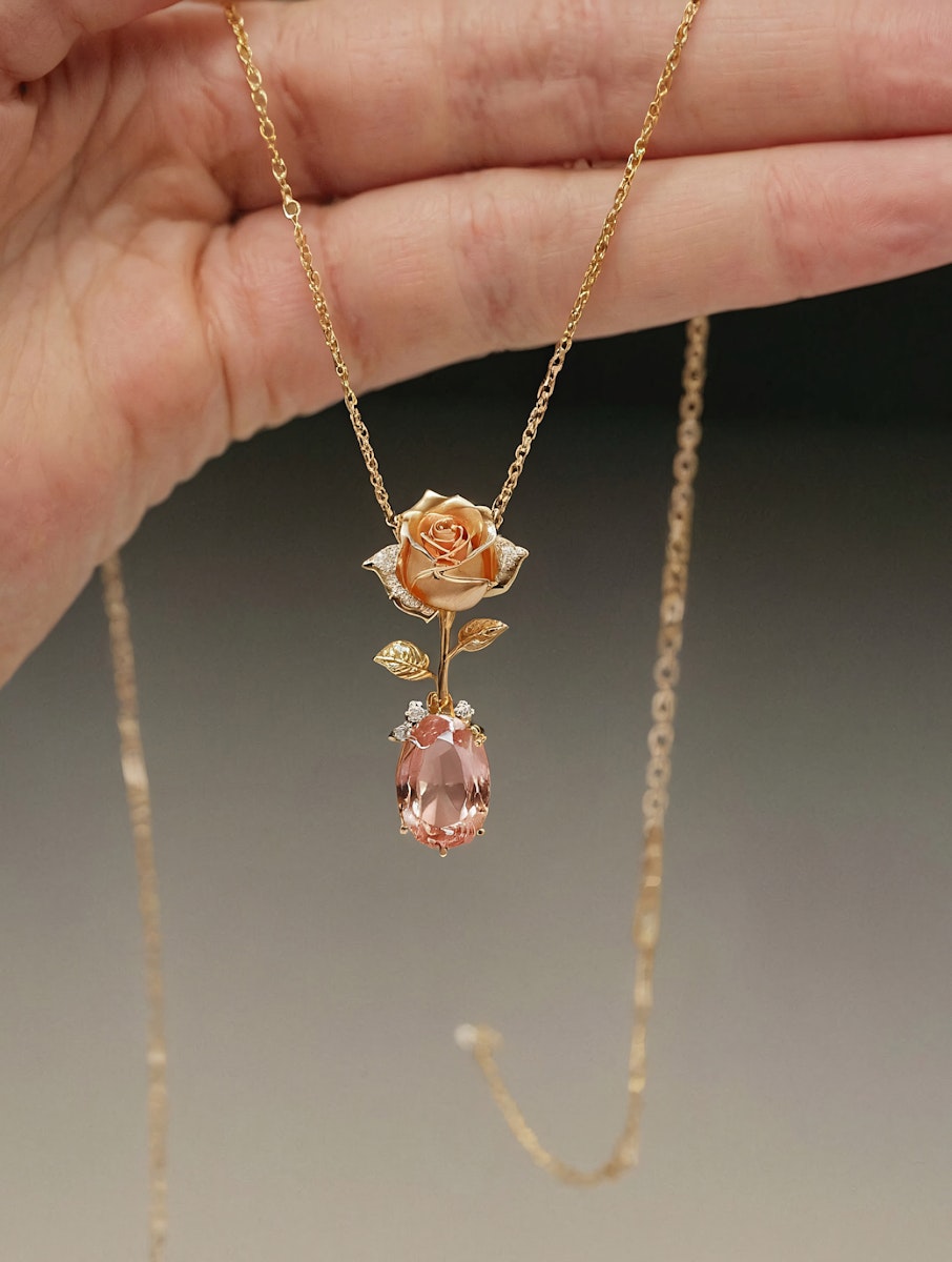 Elegant gold necklace with a rose pendant, pink gemstone, and diamond accents, held against a soft neutral background.