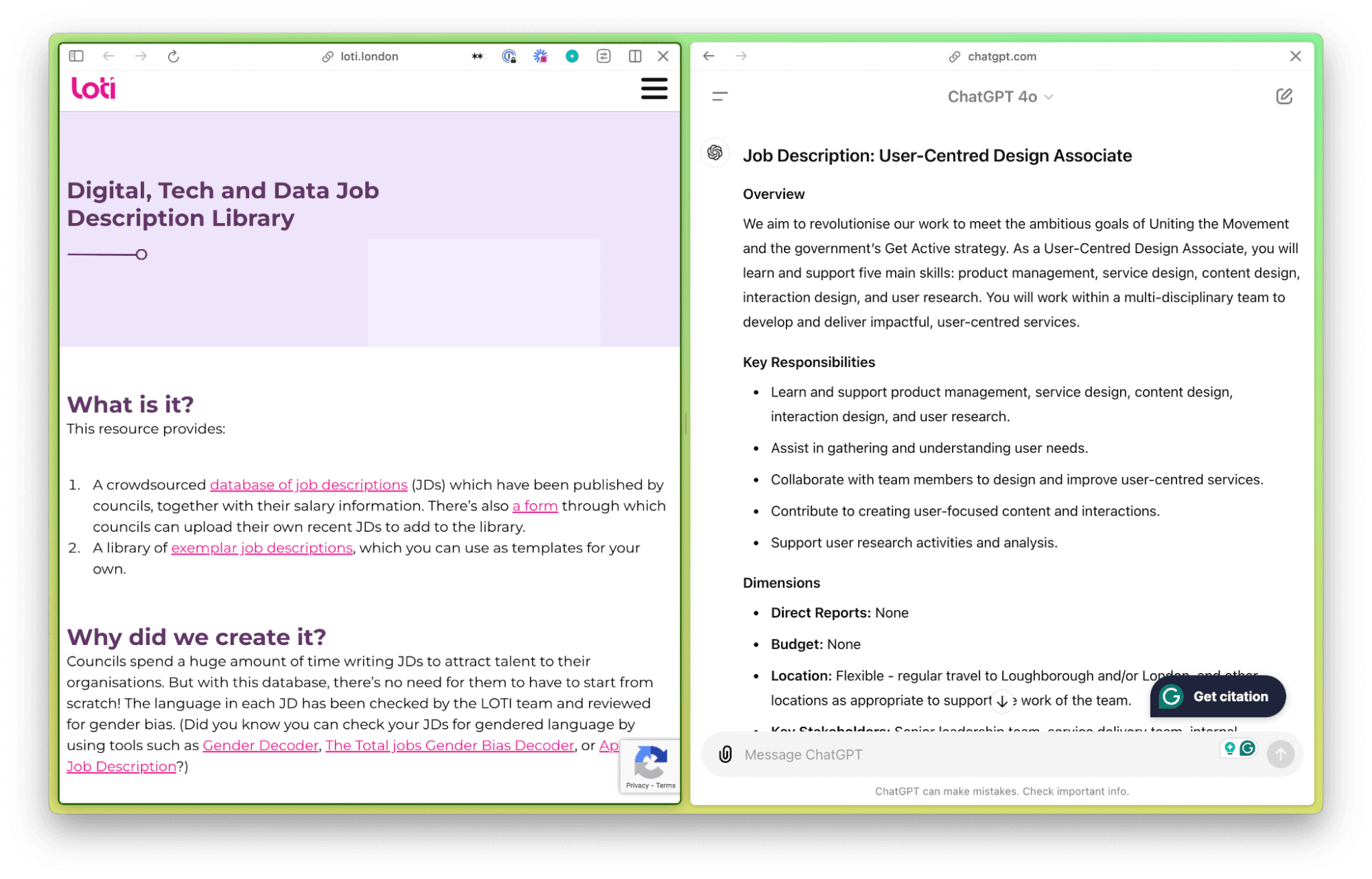 Screenshot of LOTI's Digital, Tech and Data job description library on the left, and ChatGPT being used to write a job description for a user-centred design associate on the right