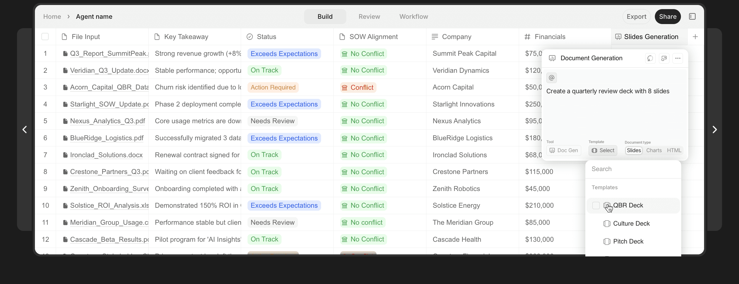 Spreadsheet-style agent dashboard showing rows of uploaded documents, key takeaways, status tags, SOW alignment markers, and financial data, with a right-side panel for generating customer slide decks.