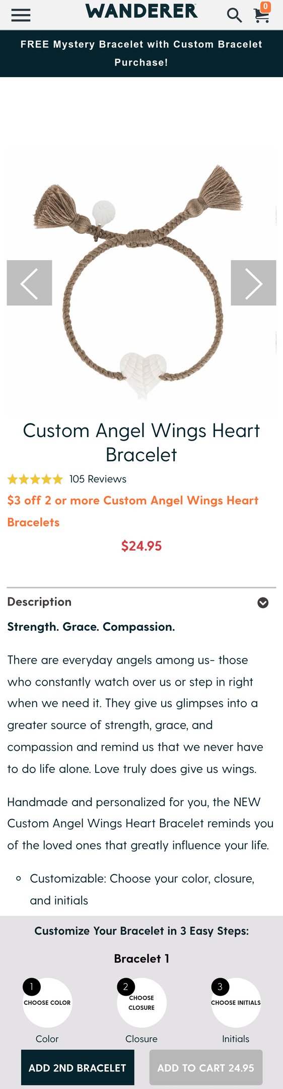 Jewelry product options include: bracelet for Custom Angel Wings Heart Bracelet from Wanderer Bracelets.