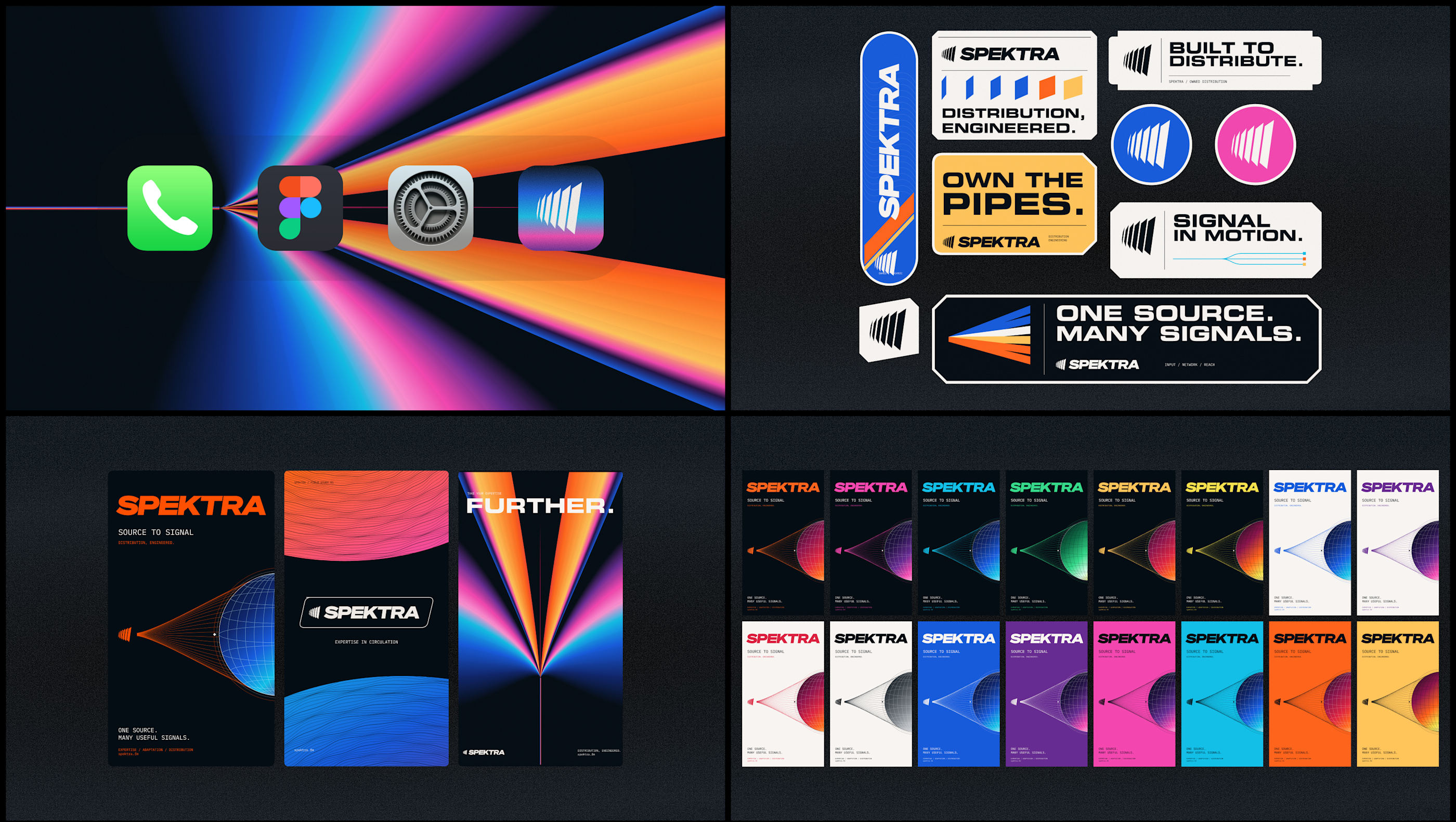 Spektra — graphic language: refraction rays, sticker set and full-spectrum poster series