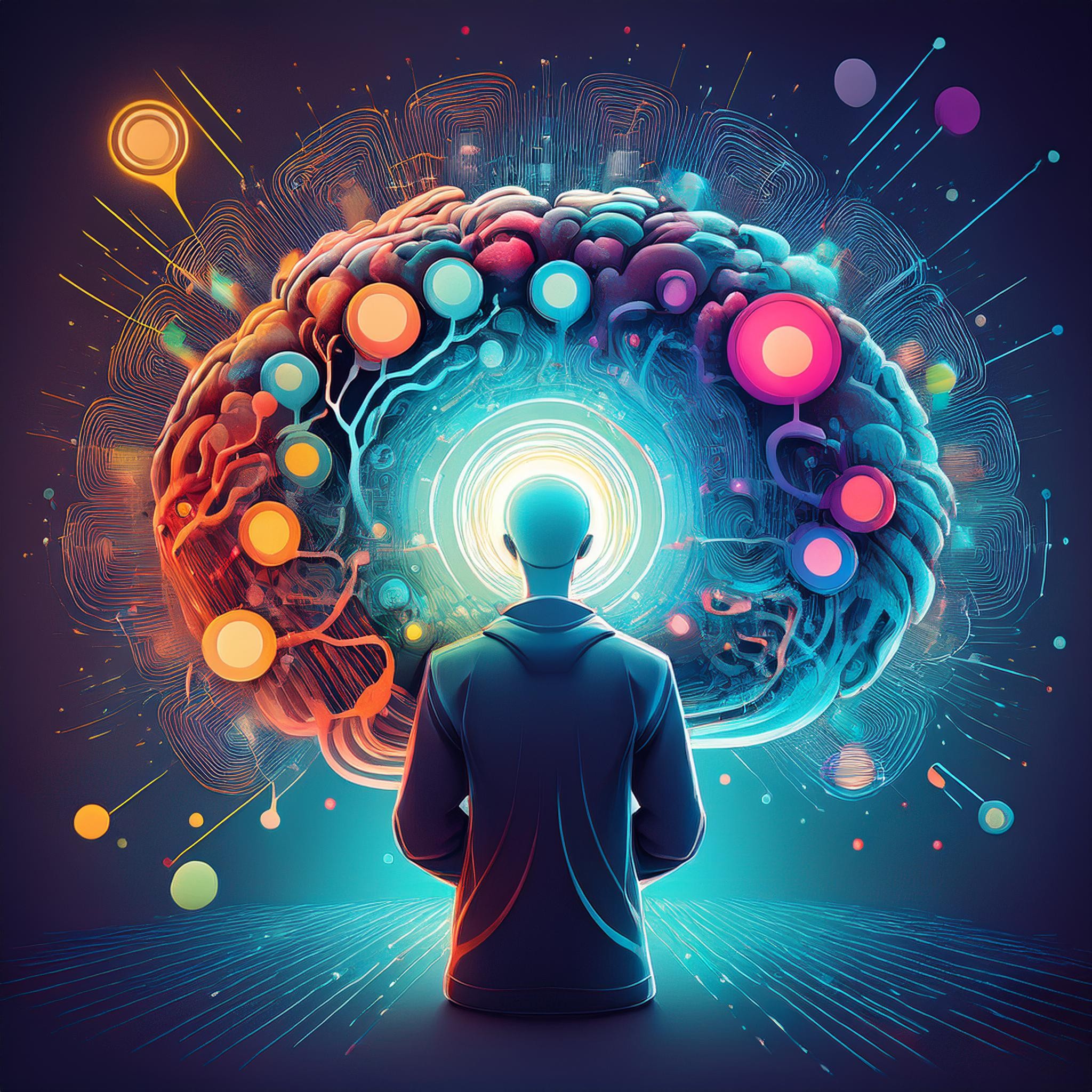 A vibrant illustration of a person facing a digital brain, symbolizing advanced conversational AI technology behind AutoQL for seamless database access