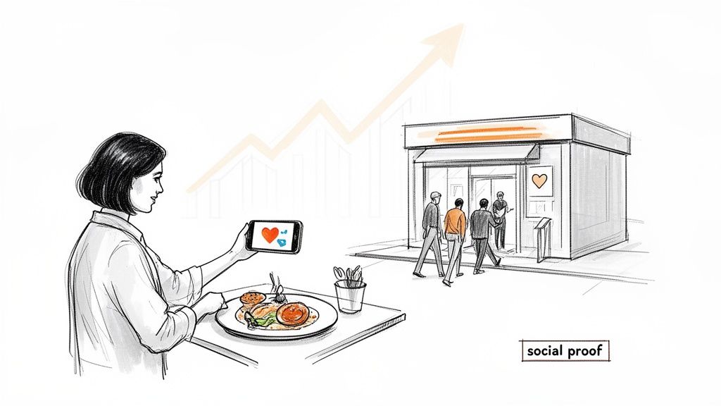 Woman photographs restaurant food, smartphone shows likes, leading to customers entering a busy restaurant, illustrating social proof and business growth.