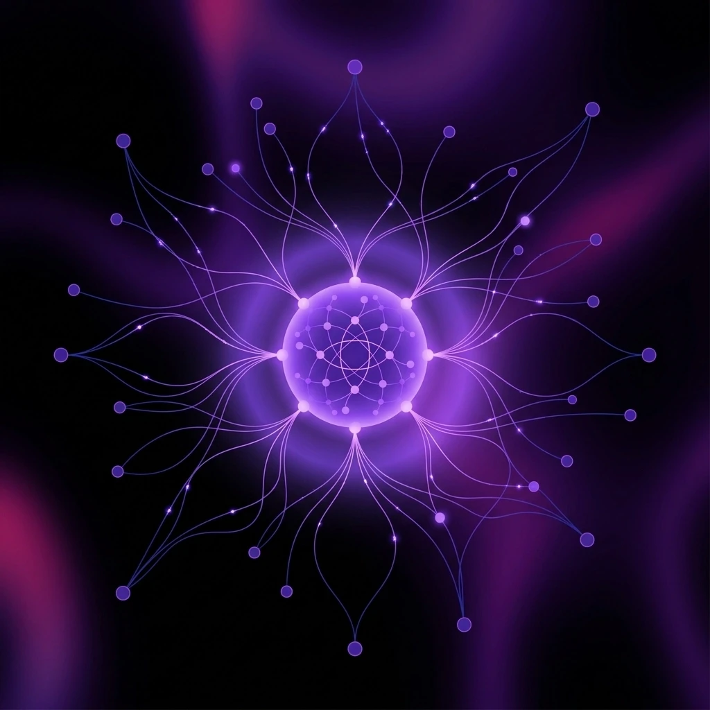 Minimal vector illustration of a central glowing node radiating violet light, symbolizing conversational data flow and natural language processing.