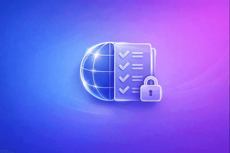 Global sanctions list directory illustration with globe, checklist, and secure lock icon on blue to purple gradient background, representing official sanctions data, compliance screening, and regulatory risk management.