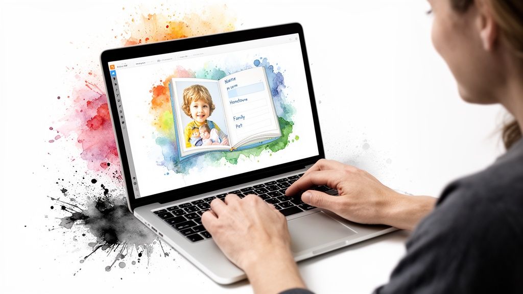 A person typing on a laptop displaying a custom children's book design with a photo and text, surrounded by watercolor.
