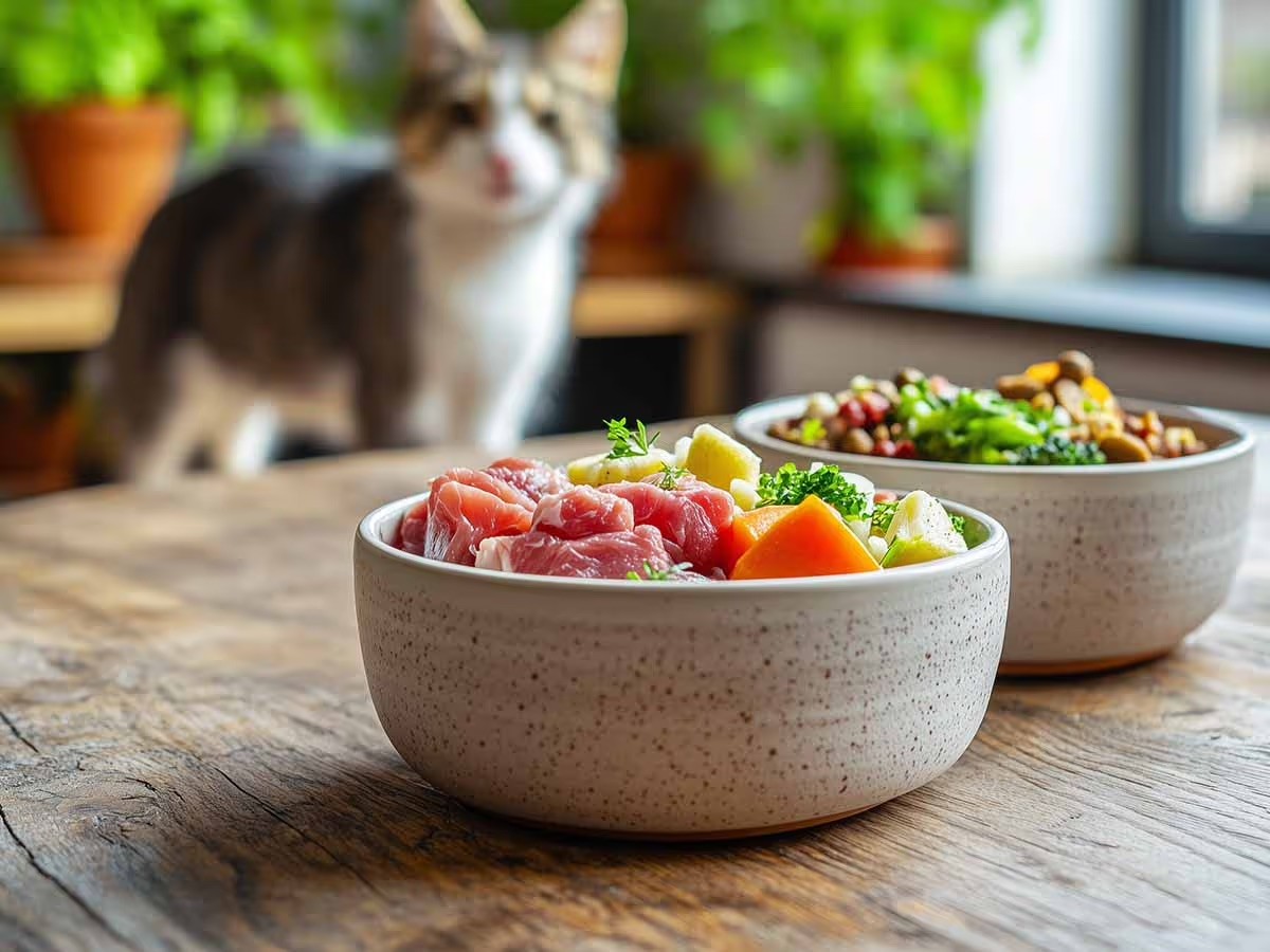 Freshly prepared pet food in a bowl surrounded by vibrant vegetables, with a curious cat in the background.