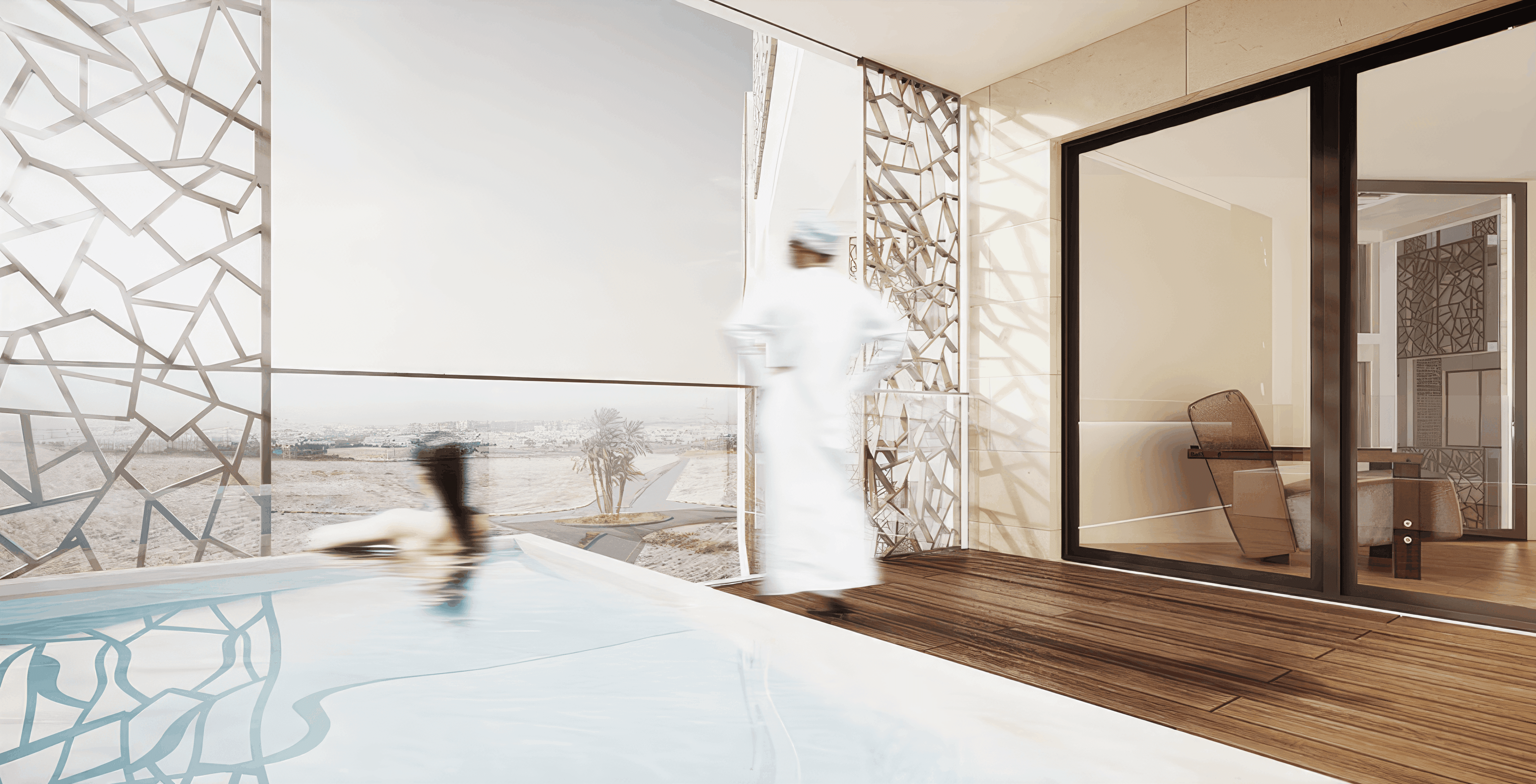 MW Interior - Private Dachterrasse mit Infinity-Pool, Teakholzbelag und ornamentalem Metallgitter-Sichtschutz" Eine nach außen offene Terrasse mit flachem Wasserbecken und Teakholzboden liegt hinter raumhohen, geometrisch lasergeschnittenen Metallpanelen in Weiß. Der Blick geht über eine Wüstenlandschaft mit vereinzelten Palmen. Durch die Verglasung rechts ist ein Zimmer mit Holztisch und transparentem Sessel erkennbar.