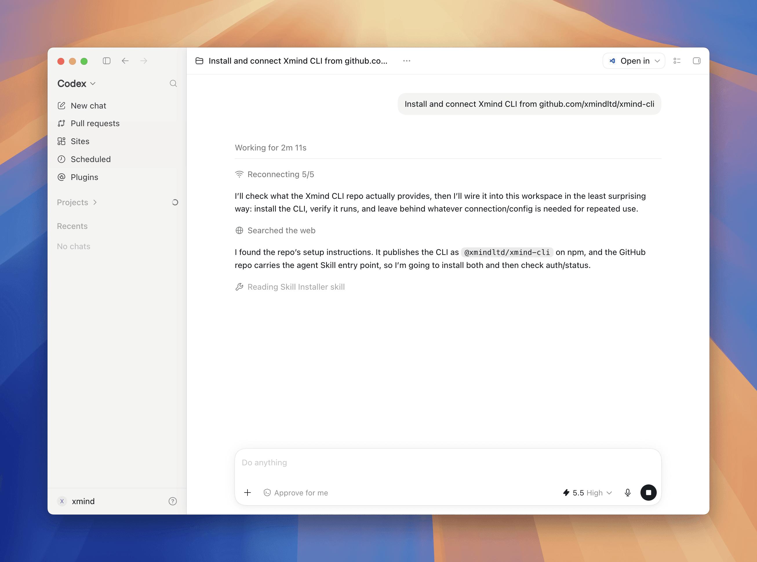 Codex installing and connecting Xmind CLI to create editable Xmind files