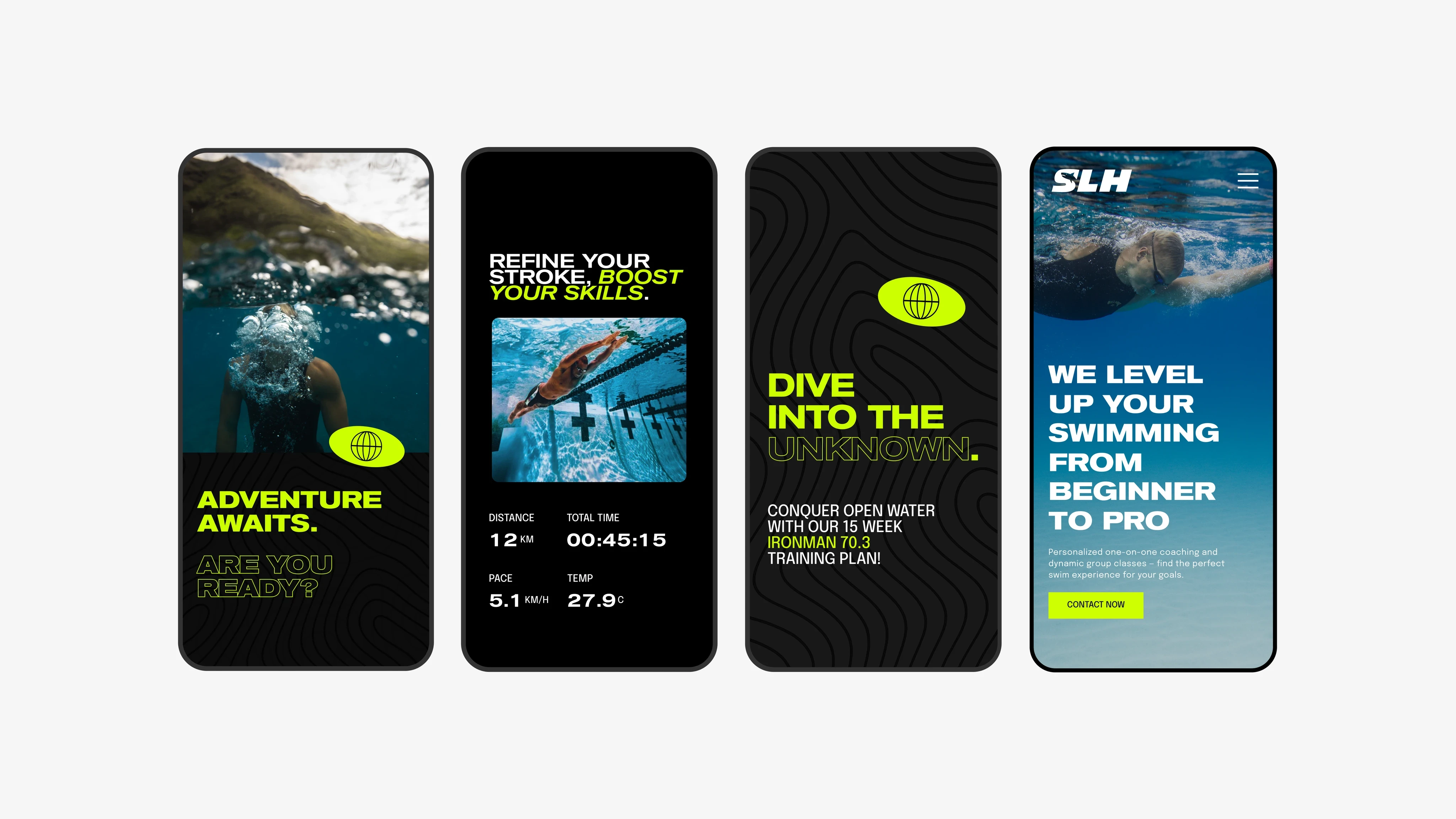 Four smartphones mockup screen UI design displaying swimming training app screens with images of swimmers, motivational text, and training statistics.