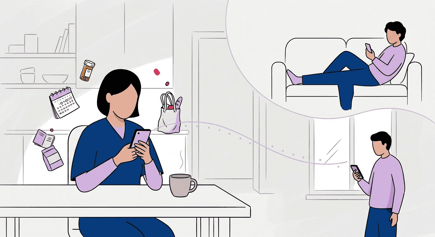 Illustration of a caregiver using her phone at home, with updates flowing to family members on their devices