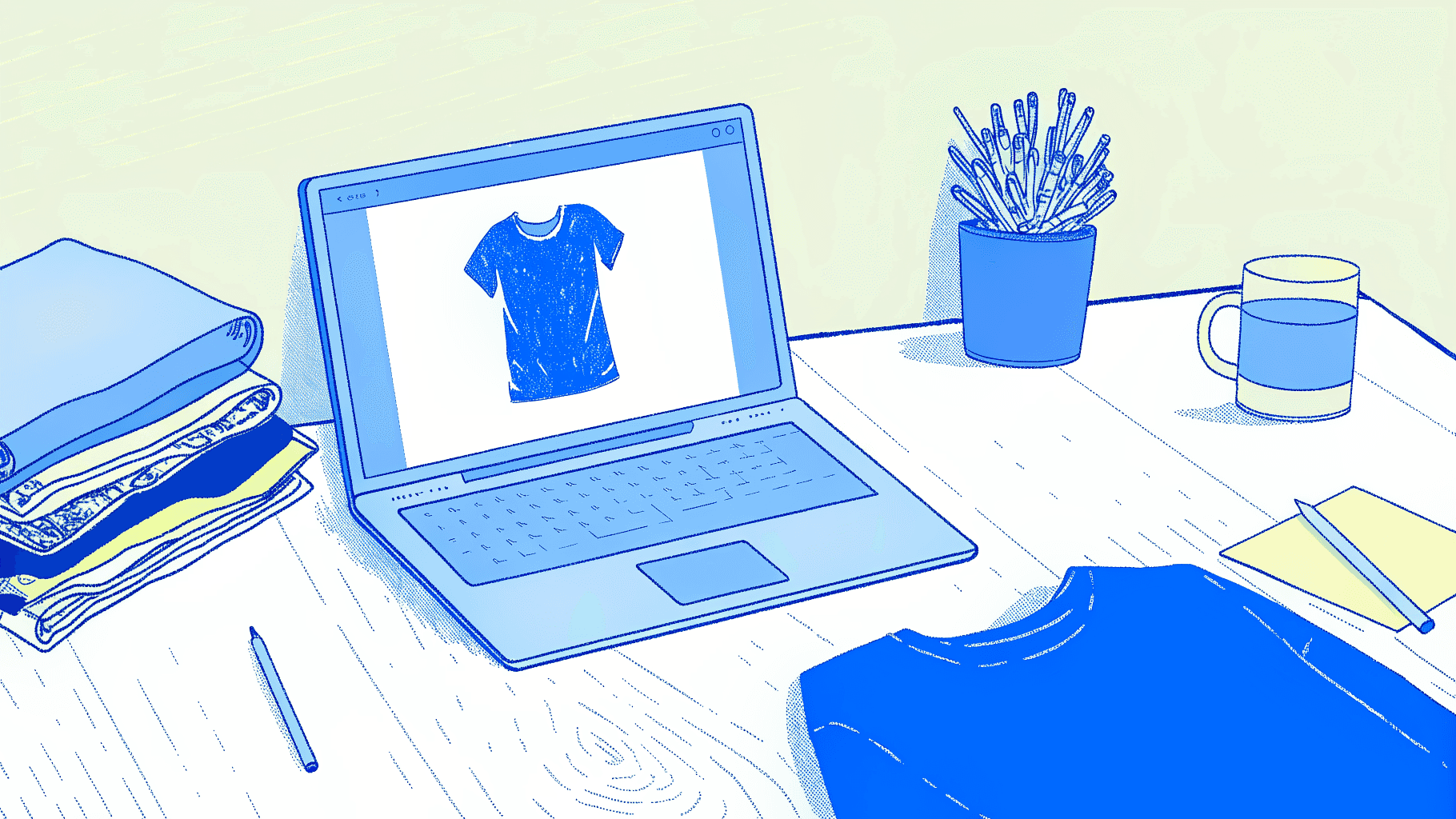 Event organizer designing custom Beer Olympics team shirts on laptop with folded tees nearby