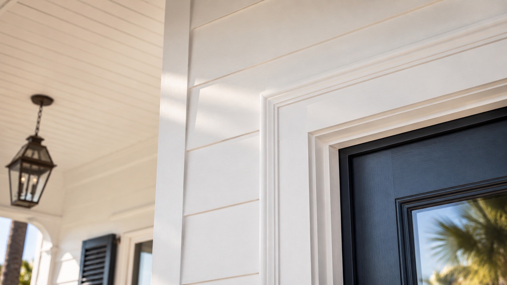 The corner of a white brickmould on a white-paneled house.