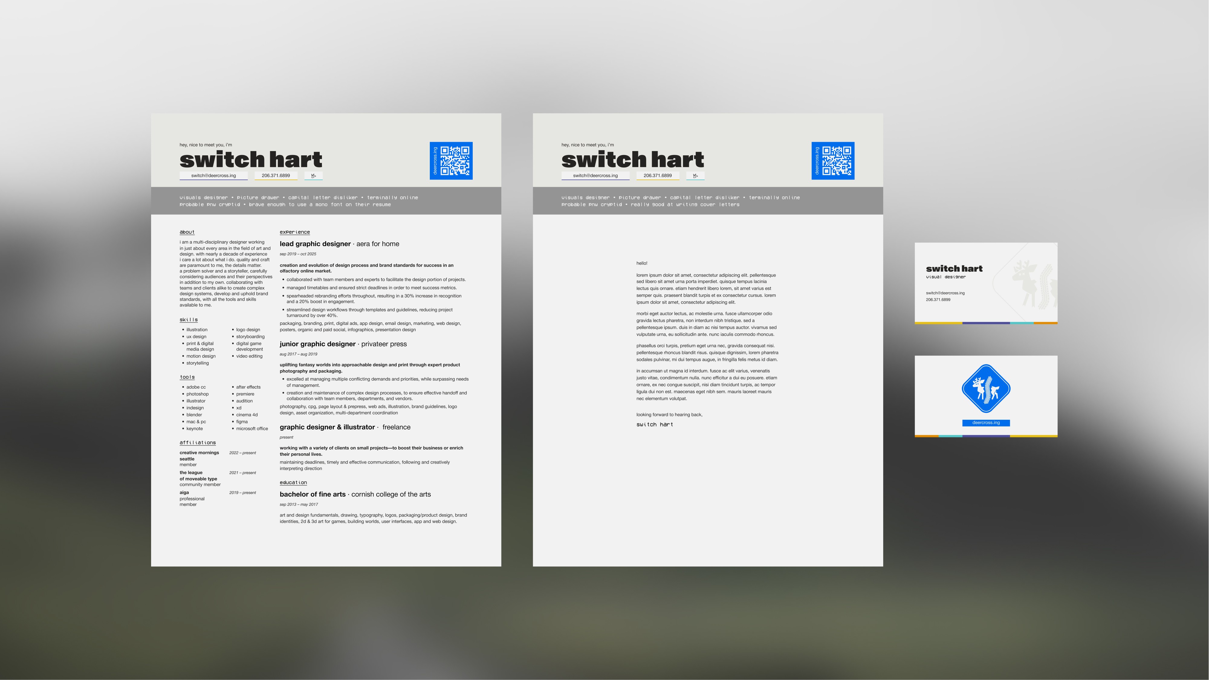 Resume, cover letter, and business cards.   I keep an ATS friendly resume elsewhere, this version is mostly for myself. Cover letter shares the header but kept largely simple to emphasize the writing.