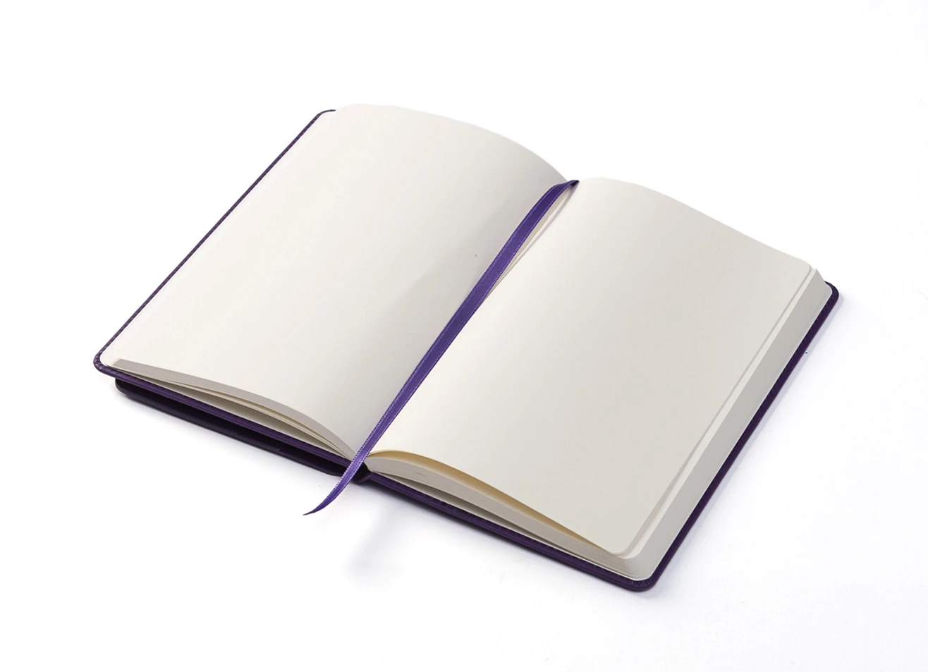 Open notebook displaying blank pages and purple bookmark.