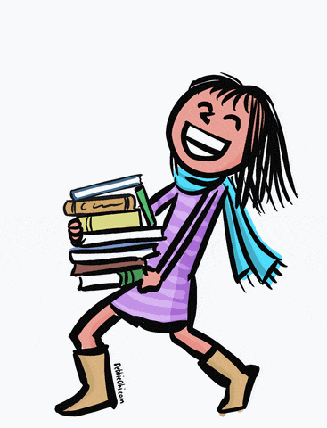 Happy Girl Carrying a Huge Pile of Books
