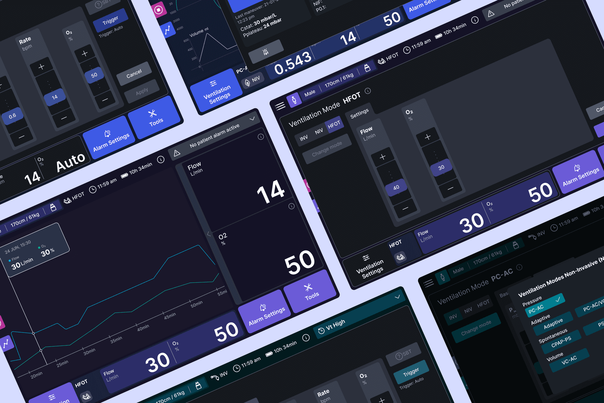 Angled grid of ventilation mode and trending screens