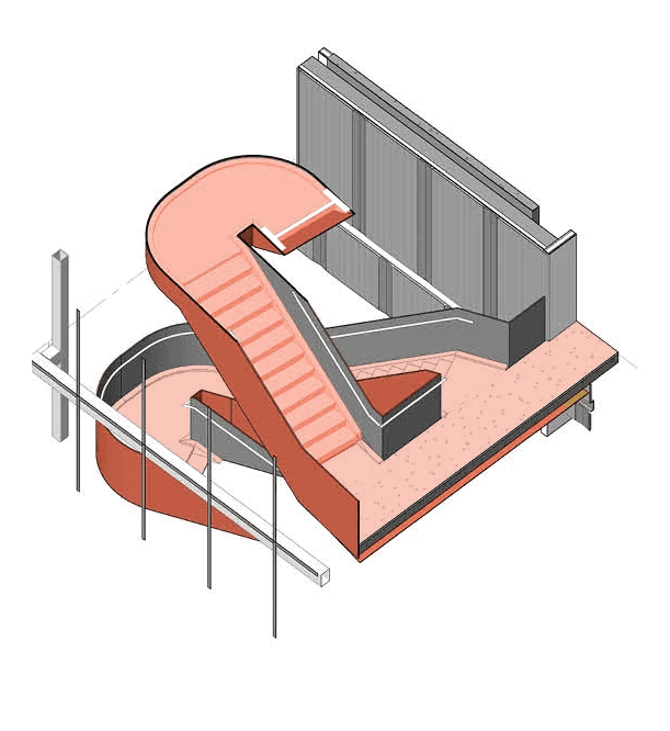 3D model exploring a section of the sculptural staircase, highlighting its winding, meandering pathway connecting multiple levels.