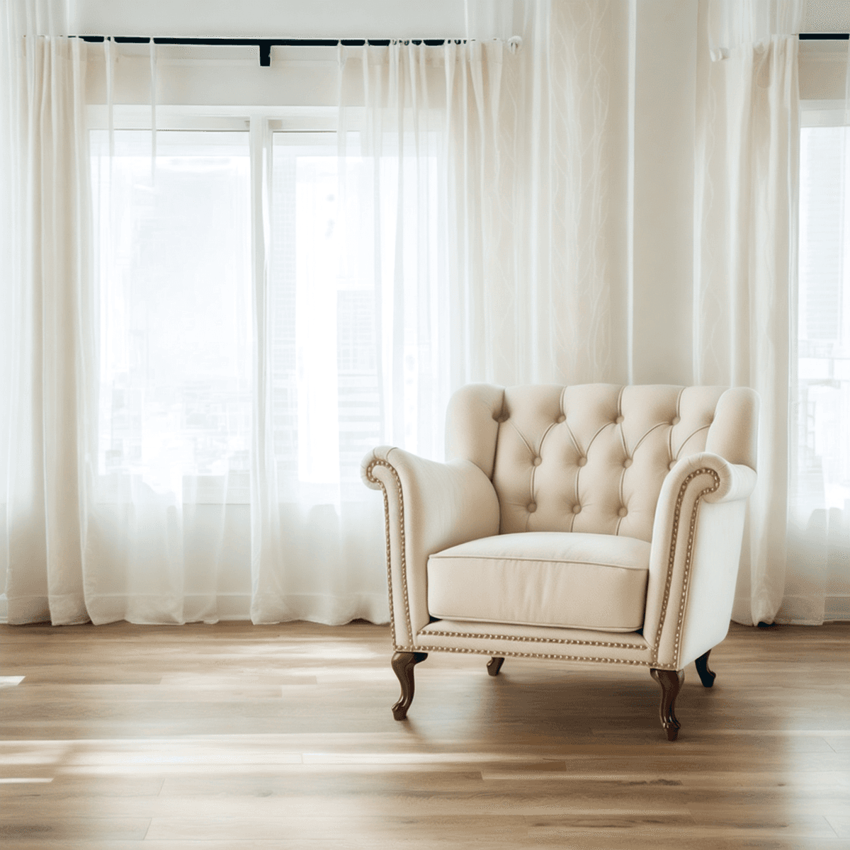 Leather sofa in a living room with big windows. Image generated by AI using Fuzer