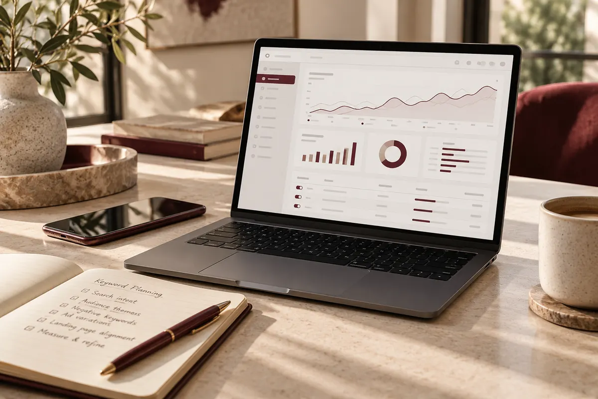Laptop displaying a search advertising dashboard beside a smartphone and campaign planning notebook.