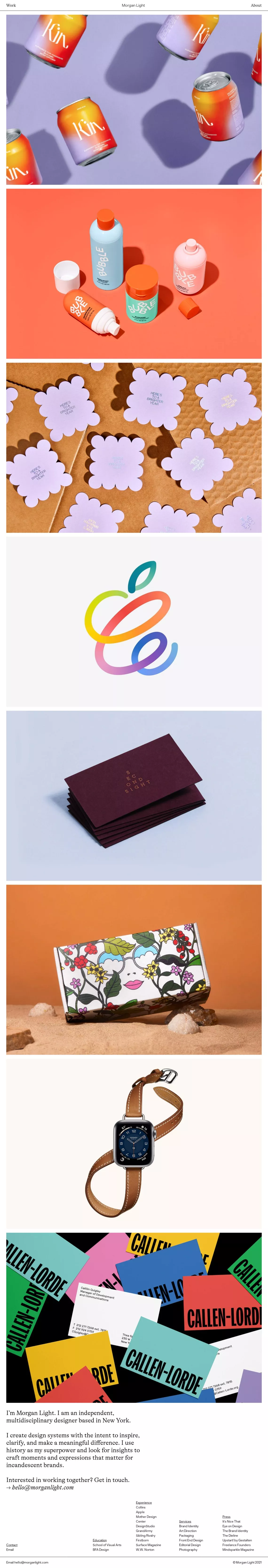Morgan Light portfolio page screenshot showcasing Design and Advertising design