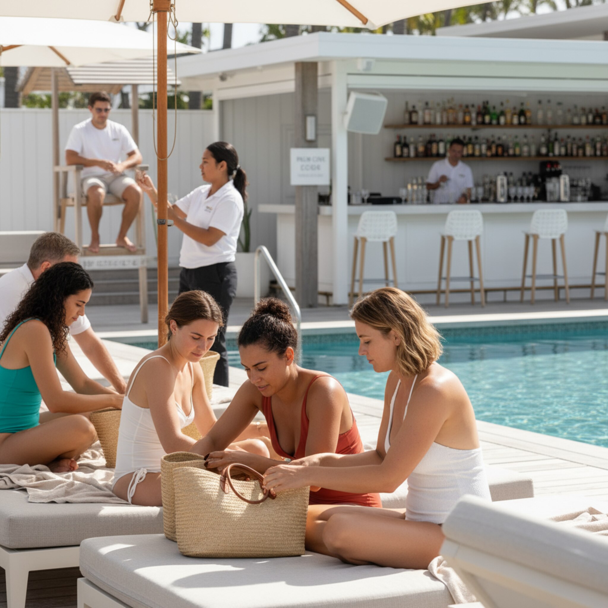 Mittagssonne über dem Pooldeck: Gäste legen Taschen auf helle Daybeds, Sonnencreme duftet, und ein leiser Soundtrack schwebt herüber. Ein Teammitglied richtet Sonnenschirme aus, während ein Rettungsschwimmer den Bereich überblickt. Im Hintergrund funkelt das Wasser, Gläser klirren an der Bar, die Atmosphäre wirkt lebendig und geordnet.