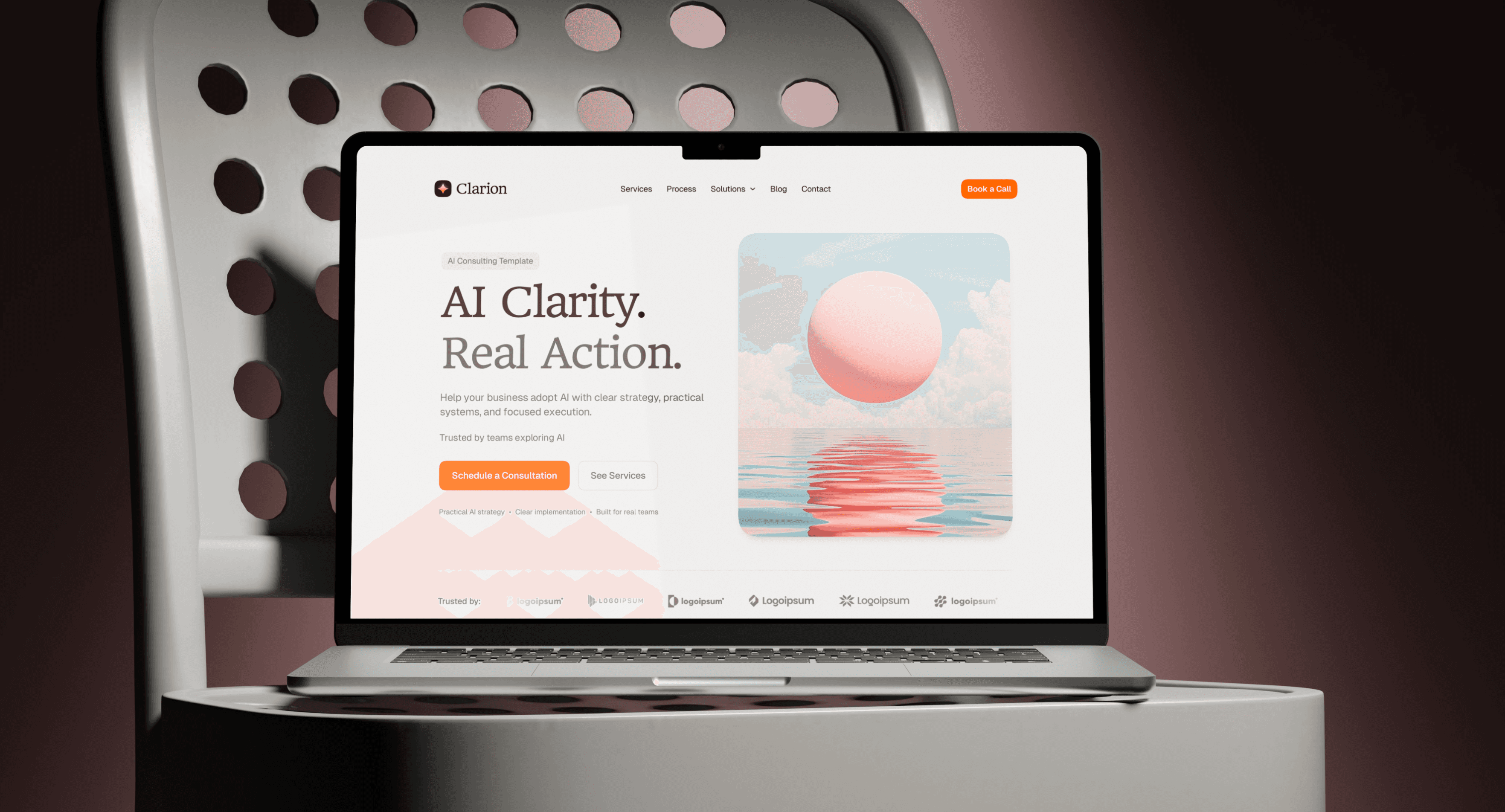 Clarion free Framer template for AI consulting by Damir Cosic displayed on a MacBook showing a hero section with the headline AI Clarity. Real Action. and an orange Schedule a Consultation button