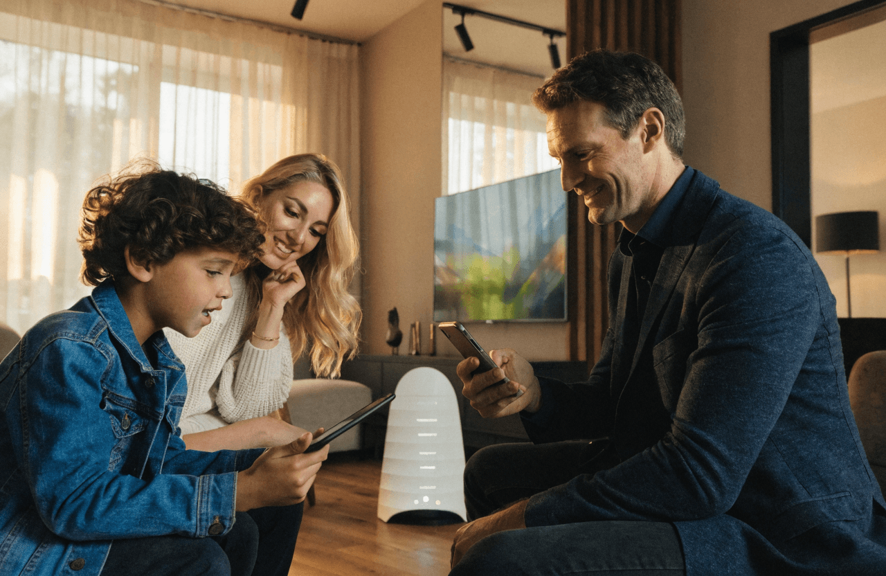 Familia en el salón usando tablet y móvil junto a un router WiFi, pack de fibra y móvil en casa
