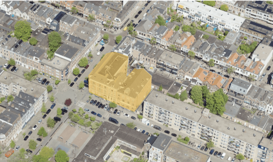Bovenaanzicht Erasmusstraat Rotterdam met ingekleurd werkgebied
