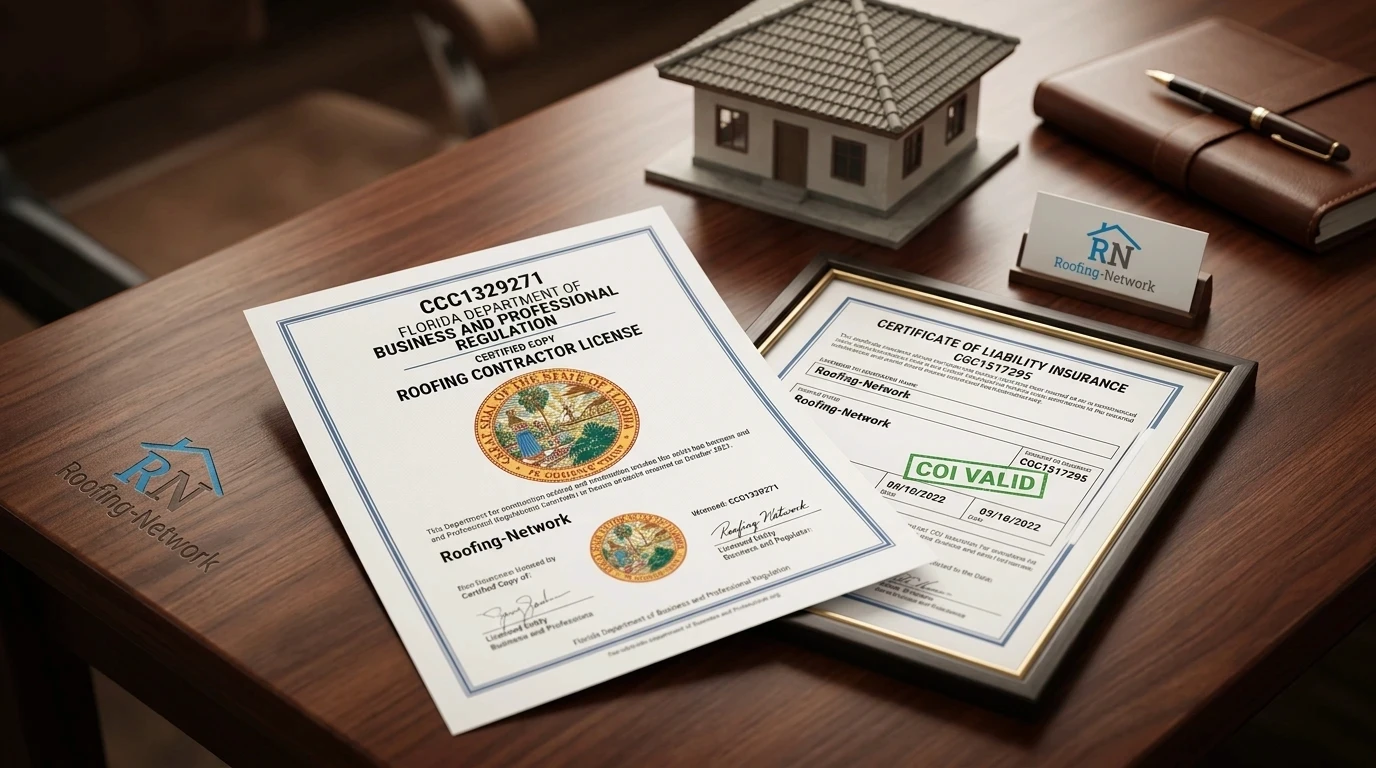 Florida roofing contractor license documentation and certificate of insurance for Roofing Network
