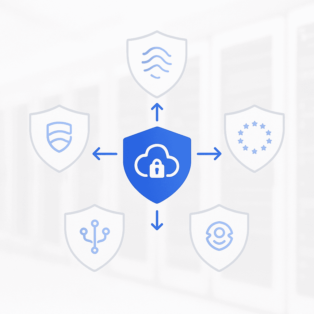 Diagram of secure cloud linking to multiple shield icons representing diverse compliance guardrails for enterprises.