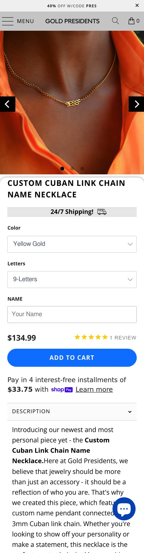 Jewelry product options include: necklace, pendant, chain for Custom Cuban Link Chain Name Necklace from Pres.