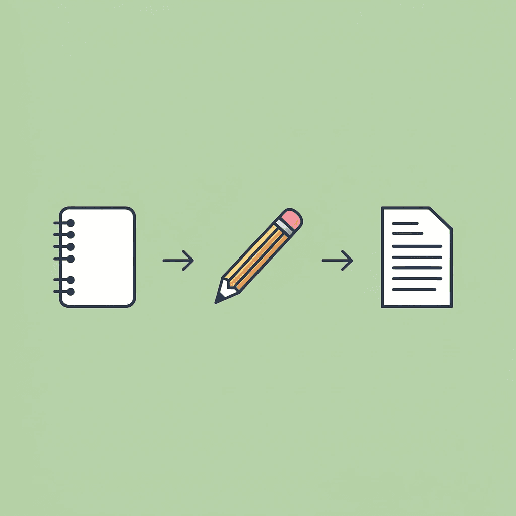 Three-step flow showing thesis statement leading to organized writing leading to completed research paper